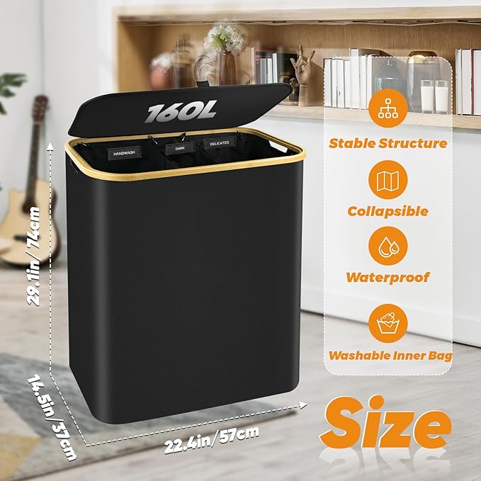 160L Laundry Hamper 3-Section, Laundry Basket with Lid, Dirty Clothes Basket, Laundry Basket Organizer with 5 Sorting Labels and 2PCS Laundry Bags for Bedroom, Dormitory, Laundry Room