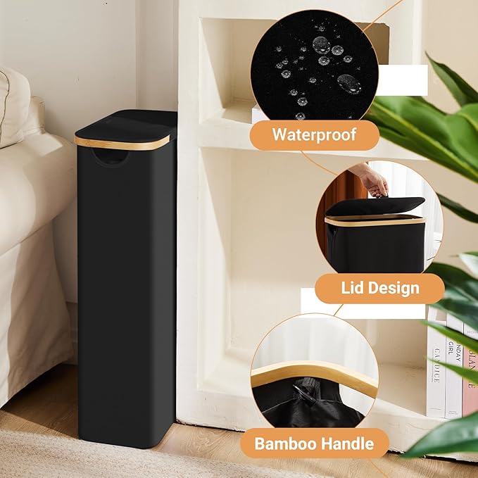 Fiona's magic Slim Laundry Hamper with Lid, 63L Narrow Laundry Basket with Removable Bag, Black Collapsible Dirty Clothes Basket, Thin Tall Storage Basket for Bathroom, Bedroom