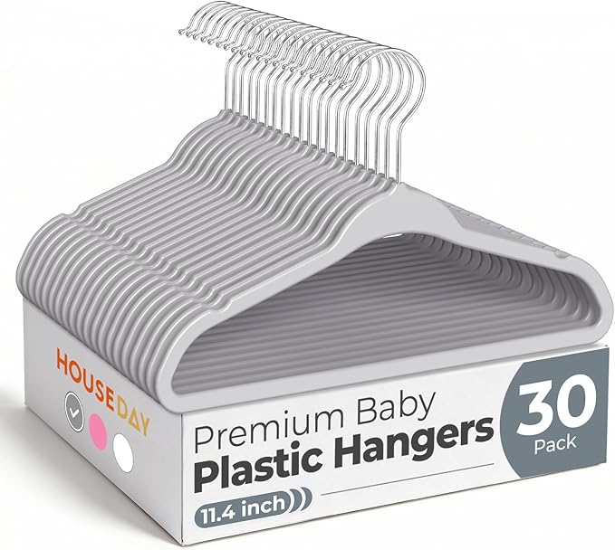 HOUSE DAY 11.4 Inch Baby Hangers 30 Pack - Plastic Kids Hangers Space Saving Thin Profile, Children Closet Organizers with Rotatable Hook of 360°, Heavy Duty for Toddler Clothes Nursery - Gray