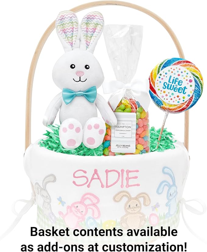 Let's Make Memories Personalized Easter Basket for Kids - For Boys - For Girls - Embroidered Name - Create Your Own - Fillable - Wicker - Easter Basket Stuffers - Small - Pink Lots Of Bunnies