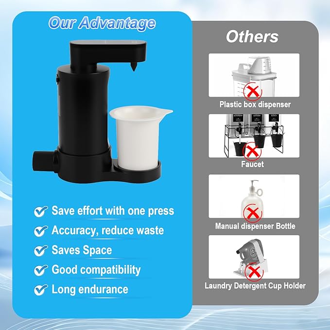 Electric Laundry Detergent Dispenser with Graduated Cup, Smart Laundry Detergent Pump, 2000mAh Rechargeable Fabric Softener Dispenser with Lock Function, for Laundry Room Organization (Black)