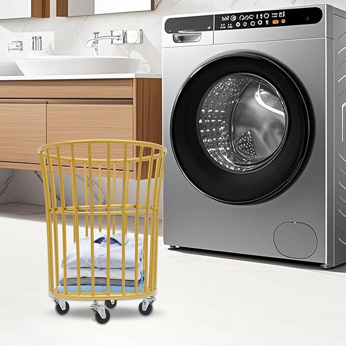 Wire Metal Rolling Laundry Basket On Wheels,Mesh Wire Laundry Basket Storage Cart for Bathroom Bedroom Dirty Clothes Storage (C)