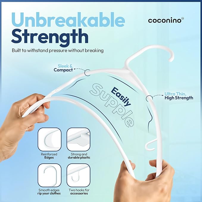 coconino Plastic Hangers 20 Pack - Non-Slip Clothes Hangers with Built-in Hooks - Heavy Duty Space Saving Coat Hangers for Closet - Durable Clothing Hanger for Shirts, Pants, Dress, Coats - White