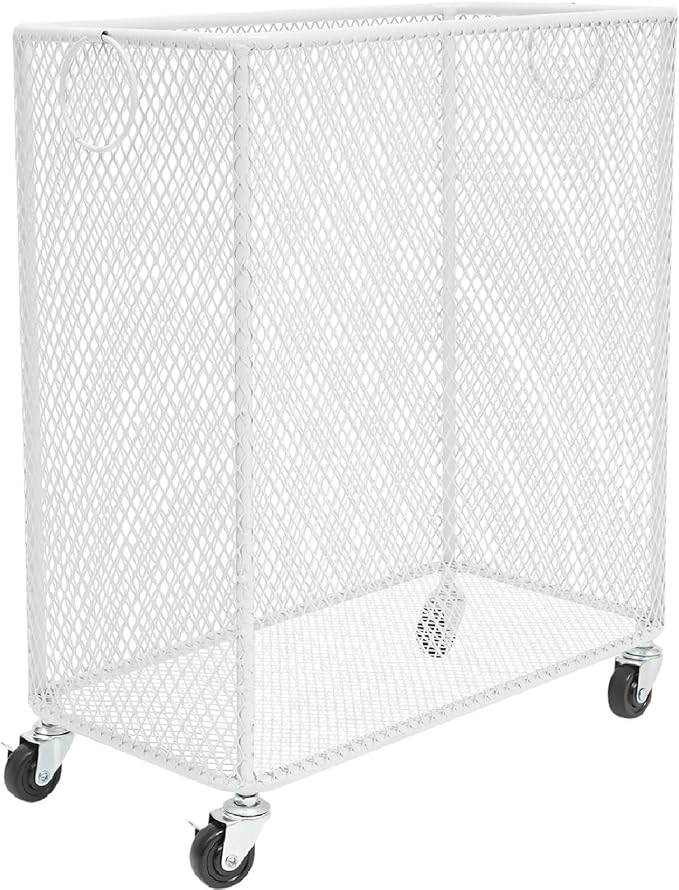 Rolling Laundry Basket Cart, Metal Laundry Hamper with Wheels, Laundry Organizer Basket Cart, Clothes Storage Organizer Hamper for Living Room,Bathroom,Closet (White, Rectangular)