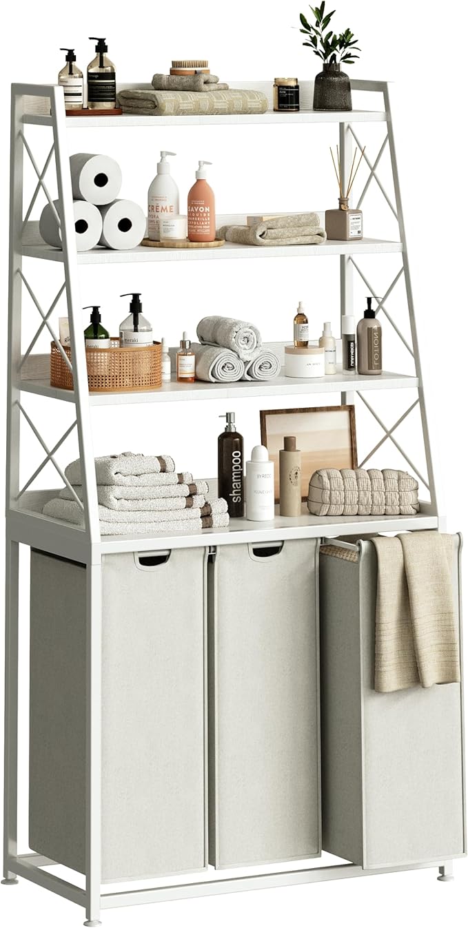 Laundry Basket, 3 Section Laundry Hamper with 4 Tiers Shelf, Pull-Out and Removable Laundry Bags, Large 3 x 15.87 Gallons, for Laundry Room Bathroom White PF05XLW