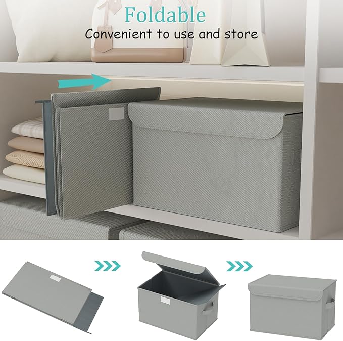 Fabric Storage Bin with Lid, Closet Boxes with Cover, Collapsible Stackable Organizer Basket with 2 Handles, for Home and Bedroom, 2 Pack, Grey, 10.2 x 7.9 x 6.7 In, XSNY12GS-2