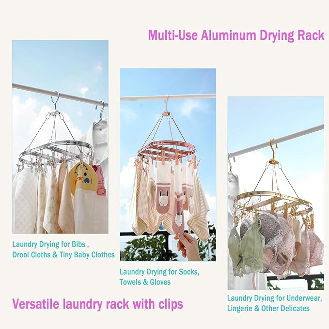 Underwear Drying Rack with 26 Clips - Aluminum Hanging Drying Rack for Socks, Baby Clothes & Lingerie | Space-Saving Oval Design & Wind-Resistant Hooks (Dark Red) - 2 Pack