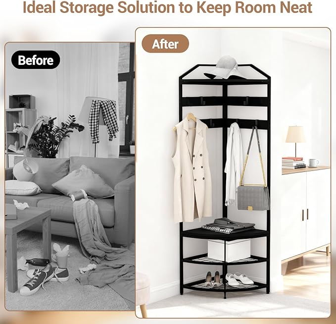 GarveeHome Corner Coat Rack, Coat Rack with 4 Shelves, Shoe and Coats Racks for Entryway, Heavy Duty Coats Racks with 6 Movable Hooks, Entryway Hall Tree for Hallway Bedroom and Office Black