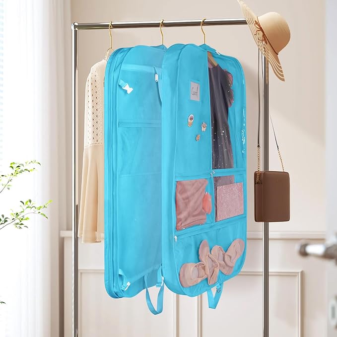 Univivi Kids Garment Bags for Dance Costumes, 40 Inch Dance Competition Costume Bag, 3 Medium Clear Zipper Pockets and 2 Back Zippered Pockets with 1 xPendant, 3 x Badge(Blue)