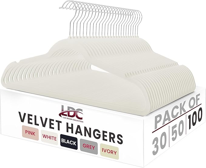 LDC White Velvet Hangers 100 Pack - Premium Non-Slip Clothes Coat Pants Felt Hanger for Closet - Heavy Duty Space Saving 360° Swivel Hook Hangars – White