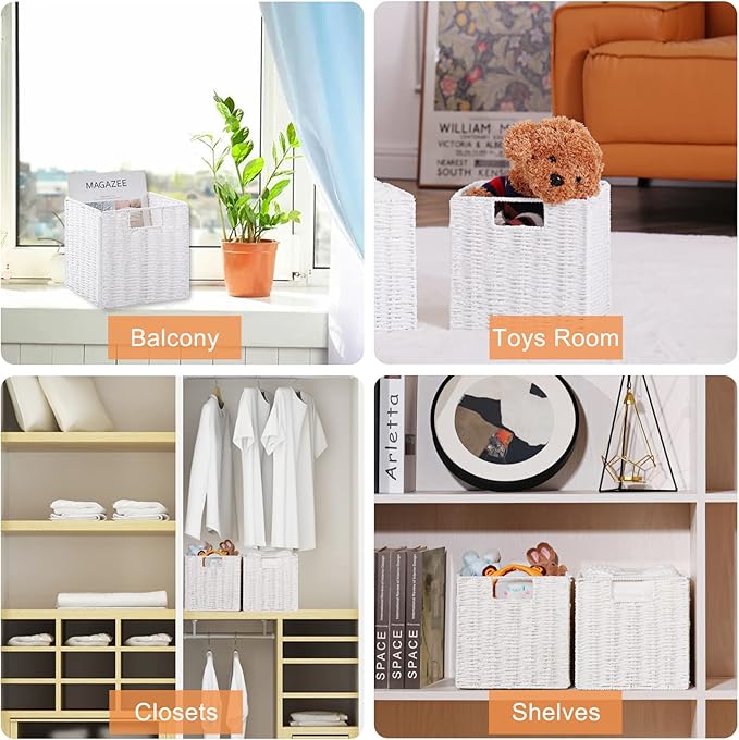 Vagusicc Wicker Storage Basket, Set of 2 Hand-Woven Storage Baskets for Organizing, Foldable Cube Storage Bins, 11 Inch Wicker Storage Baskets for Shelves and Decor, Square Closet Organizer, White