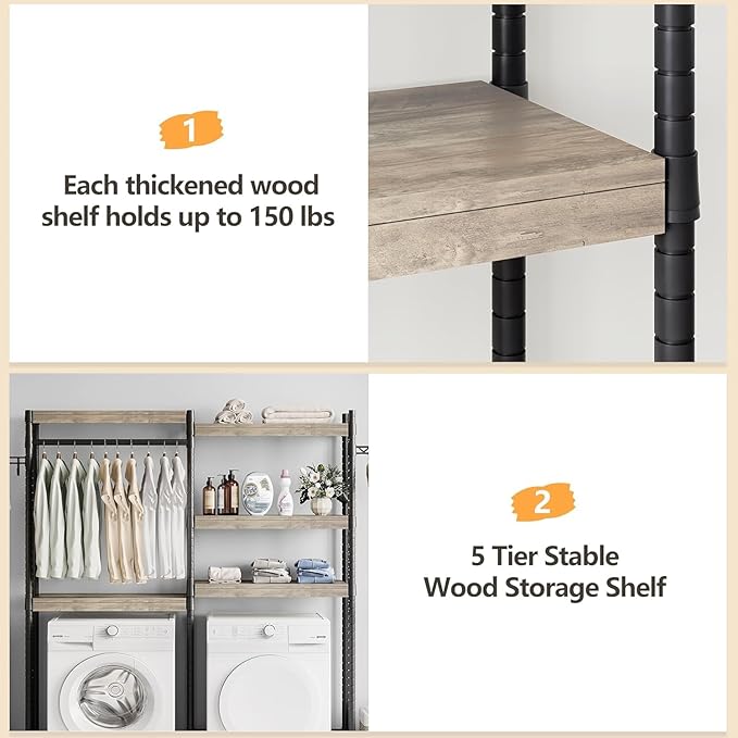 GarveeHome 5-Tier Over-The-Washer Storage Shelf - Adjustable Height Laundry Organizer with Double-Layer Wood Shelves, Space-Saving Design for Laundry Room (Gray, 30 in)