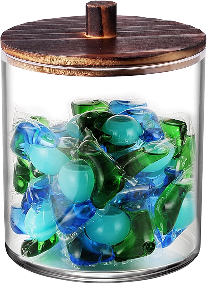 SheeChung 1 Pack 50 Oz Dark Wood Lid Large Apothecary Jar - Rustic Farmhouse Laundry Room Decor - Container for Bathroom Organization - Clear Storage Canister for Scent Beads & Salts