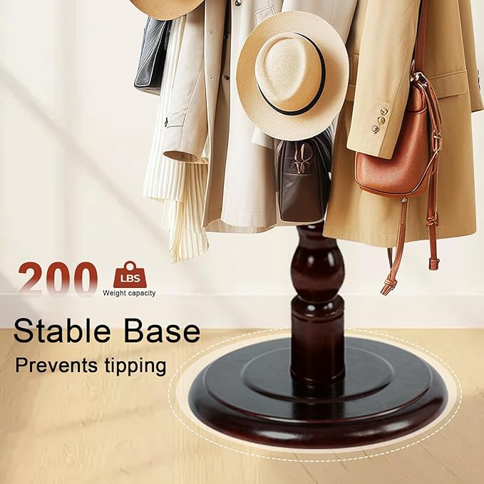 Wooden Coat rack freestanding, Coat racks stand with 11 Hook, Heavy duty coat tree standing 2 Adjustable Heights for Bedroom, Entryway, Hallway, Office,Stury Base (Brown disc)