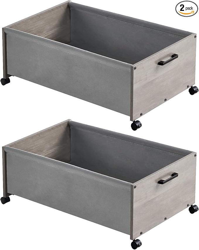 Under Bed Storage with Wheels, Wooden Under Bed Drawers On Wheels, Rolling Under Bed Shoe Storage, Space Saving,Grey,70L
