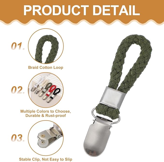 uxcell 8 Pcs Tea Towel Clips with Cotton Loop for Hanging, 4.3 Inch Metal Towel Hooks Multipurpose Cloth Hangers for Home Kitchen Bathroom, Green