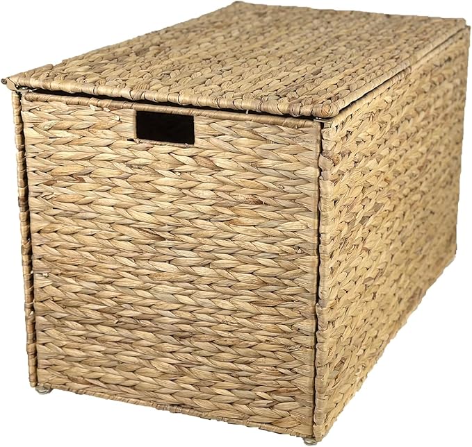 Water Hyacinth Storage Basket with Lid, 27.7 Gallon (105L) Blanket Storage Basket with Handles, Woven Storage Bin, Foldable, Metal Frame, for Bedroom, Laundry Room, Natural