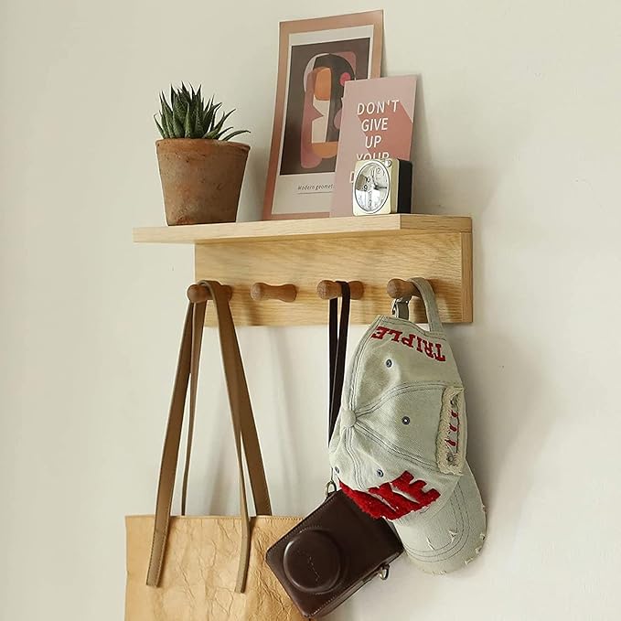 Entrance Coat Rack ，Coat Hooks, Wall-Mounted Wooden Hook Rack, Wall-Mounted Shelves are Very Suitable (Oak Color Finish—A-2)