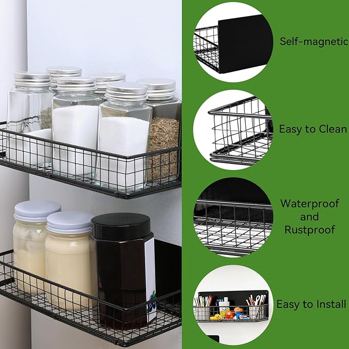 2 Pack Magnetic Basket for Fridge, Magnetic Spice Rack for Side of Refrigerator, Small Magnet Wire Bin Basket Fridge Shelf Organizer Kitchen Classroom Whiteboard Pantry Office Storage, Black