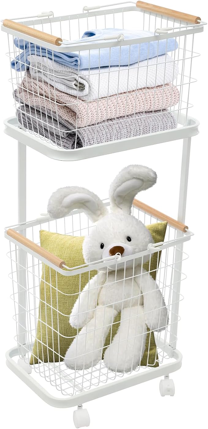 2 Tiers Metal Laundry Basket with Wheels, Removable Wire Laundry Baskets With 4 Universal Wheels Rolling Laundry Basket Floor Standing, Load Bearing Capacity of 88.18 lbs