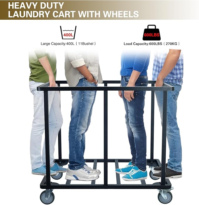 Commercial Laundry Cart with Wheels,600 lbs Heavy Duty Laundry Cart with Steel Frame and Oxford Cloth Bag,Industrial Laundry Cart with Wheels for Hotel,Housekeeping,400L(Beige)
