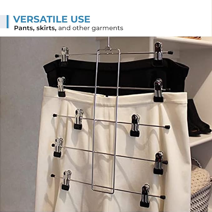 Pants Skirt Hangers Space Saving Heavy Duty 5 Tier Pack of 3 Metal Hangers - Clothes Hangers, Stainless Steel Hangers with Clips for Pants, Skirts, Jeans- Durable and Non-Slip Clothes Hangers