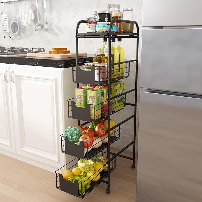 WHIFEA 5 Tier Slim Rolling Cart with Pull-Out Drawers, Multi-Layer Narrow Storage Shelf Organizer on Wheels, Metal Wire Baskets for Fruit, Dishes, Freestanding Unit for Kitchen, Bathroom, Home Office