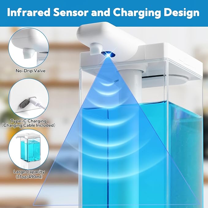 2 Pack Automatic Soap Dispenser Touchless, 16.5oz Rechargeable Liquid Hand Soap Dispenser for Kitchen Sink, Bathroom, Laundry Detergent Dispenser with 3 Adjustable Levels, Non-Slip Base