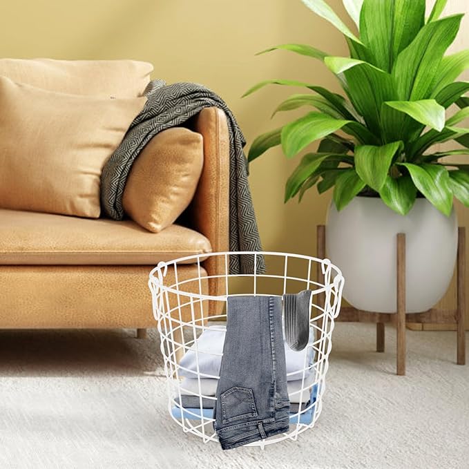 Luxshiny Iron Wire Utility Storage Basket, Laundry Basket Hamper Metal Clothes Basket with Handles Grocery Basket Trash Can for Kitchen Bathroom Laundry Room White
