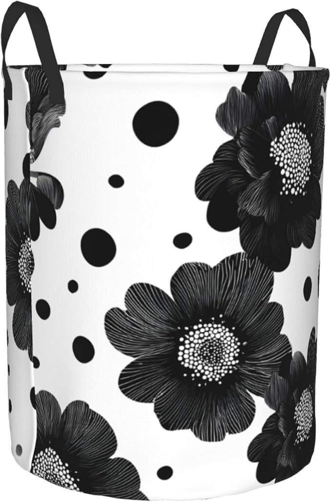 Black Floral Laundry Hamper, Collapsible Storage Basket with Handles for Clothes, Bedroom, Bathroom 19.6 x15.7 Inch