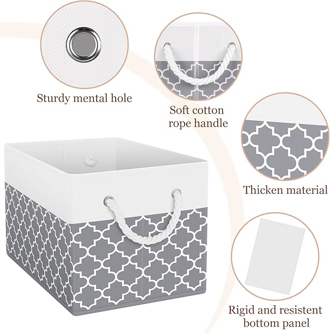 Storage Bin,Collapsible Storage Basket For Organizing,Large Storage Boxes With Rope Handles,Storage Containers,Clover Grey,2 Pack