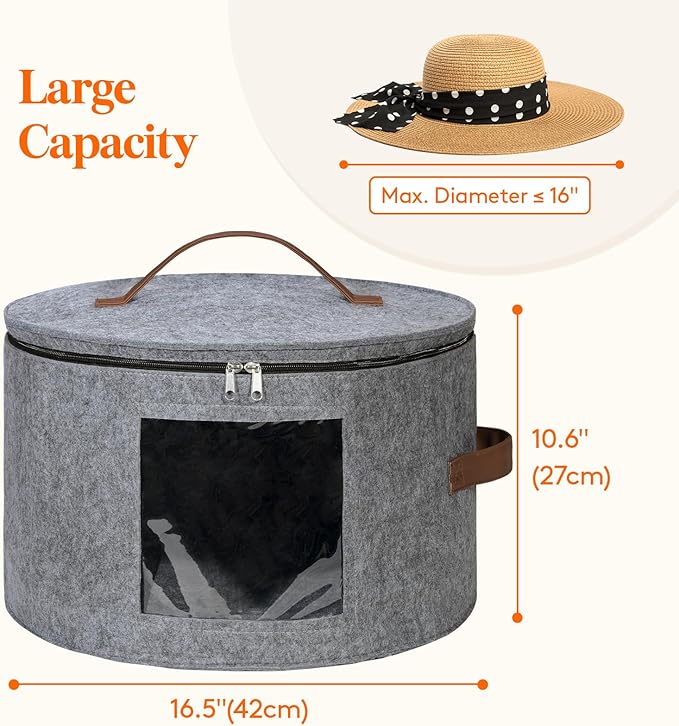 Lifewit Round Cowboy Hat Box for 7 Caps, Large Felt Hat Organizer Bag for Men&Women Storage, Baseball Cap Container with Lid for Travel, Foldable 16.5" Dx10.6 H Carrier, 37L Each, Gray 2 Pack