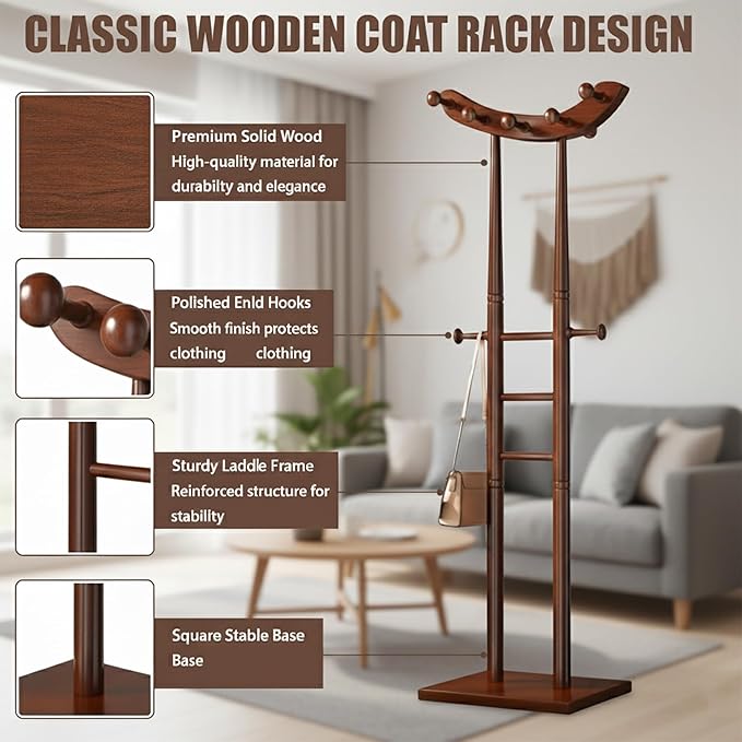 Classic Entryway Coat Rack, 67" Freestanding Wooden Hall Tree Garment Organizer with 12 Hooks, Elegant Ladder Style Hat Stand, Non Toppling Square Base, for Entryway, Bedroom, Office, Brown