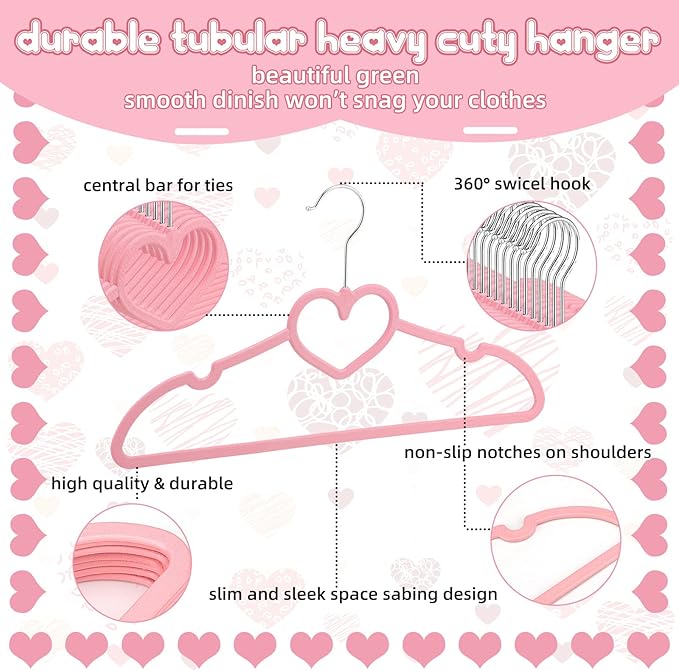 Qunclay 50 Pcs Pink Plastic Heart Hangers with 360 Degree Swivel Hook, Heavy Duty Sturdy Heart Clothes Coat Hanger, Cute Kawaii Room Decor for Adult Women, Space Saving with No Hanger Mark