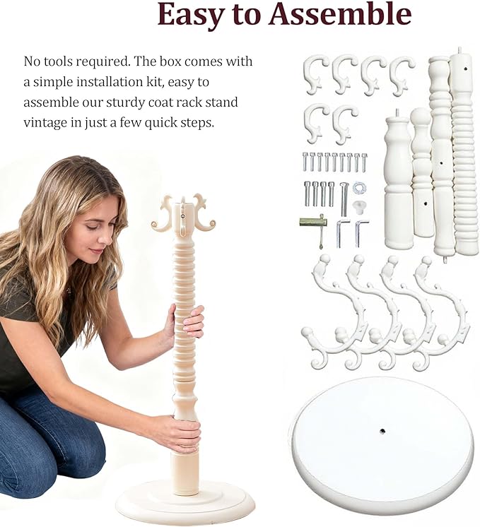 73" Wooden Coat Rack Freestanding, Coat Rack Stand With 18 Hooks And Round Solid Wood Base，Adjustable Height, Easy To Assemble For Entrance Hallway Office Living Room Bedroom (Retro White, 1 PCS)