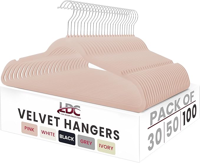 LDC Pink Velvet Hangers 100 Pack - Premium Non-Slip Clothes Coat Pants Felt Hanger for Closet - Heavy Duty Space Saving 360° Swivel Hook Hangars – Pink