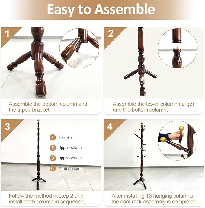 Wooden Coat Rack Freestanding 14 Hooks, Vintage Coat Hanger Stand, Coat Tree Adjustable Height 73", coat racks free standing for Entryway Hallway (Brownish Triangle base)