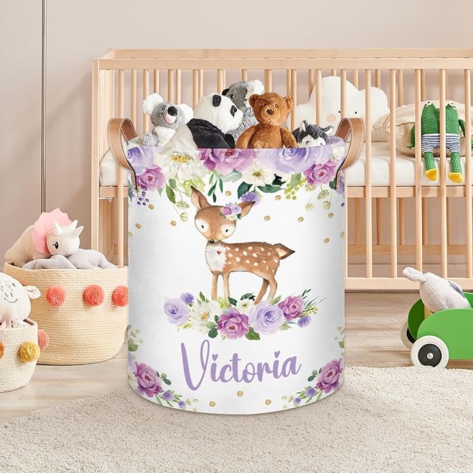 Personalized Laundry Basket, Custom Gift Laundry Hamper, Collapsible Nursery Waterproof Laundry Baskets, Dirty Clothes Toy Hamper with Handles Gold Floral Woodland Deer