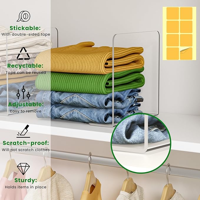Shelf Dividers for Closet Organization - 12 Pack 10" Tall X 8.4" Deep Acrylic Adhesive Separators, 30s Tool-Free Install, Clear Vertical Closet Dividers for Clothes, Handbags & Towels