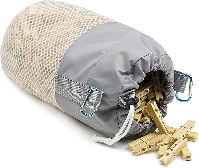 Mesh Clothespin Bag Holder Outside, Ventilation and Moisture Resistance, Multiple Hanging Methods Clothes Pin Bag with Drawstring Closure, Large-Capacity Clothespin Storage Organizer with Hooks