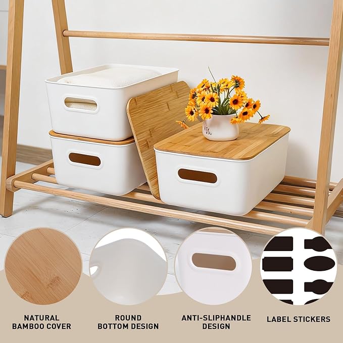 Citylife 2 PCS Storage Bins with Bamboo Lids Plastic Storage Containers for Organizing Stackable Storage Box with Handle, 15.12 x 10.67 x 5.98 inch