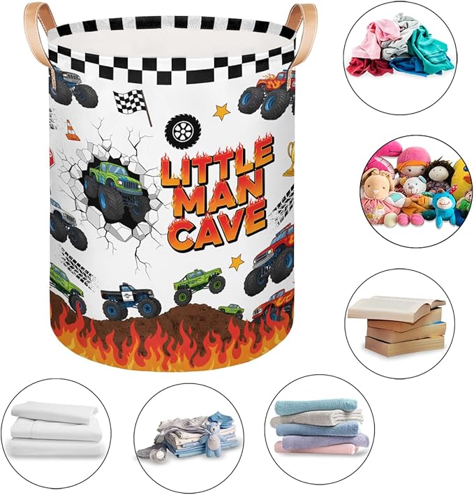 Large Laundry Basket Hamper - Monster Car Trucks Collapsible Storage Bin for Blankets, Kids Toys, Clothes, Little Man Cave 62L Tall Baby Nursery Hamper for Bathroom, Boys Bedroom Decor,Gift Basket