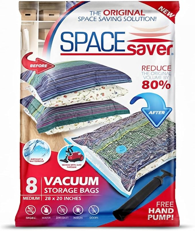 Spacesaver 8 Pack Medium Vacuum Storage Bags for Comforters, Blankets & Clothes – Vacuum Sealed Compression Bags with Hand Pump – Space Saver Storage Bags for Bedding, Moving, Travel & Organization