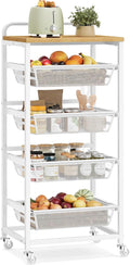 VASAGLE Kitchen Storage Cart with Pull-Out Baskets, 5-Tier Rolling Utility Cart with Wheels for Snacks, Handle, 12.5 x 15.8 x 37.4 Inches, Golden Oak and Matte White ULRC041YA01