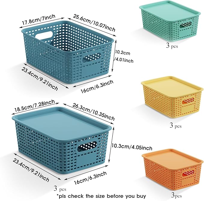 Plastic Storage Basket with Lids 12 Pack Stackable Colorful Storage Bins Containers with Lid, Decorative Storage Boxes for Organizing Shelves, Drawers, Playroom, Classroom, Office, Closet
