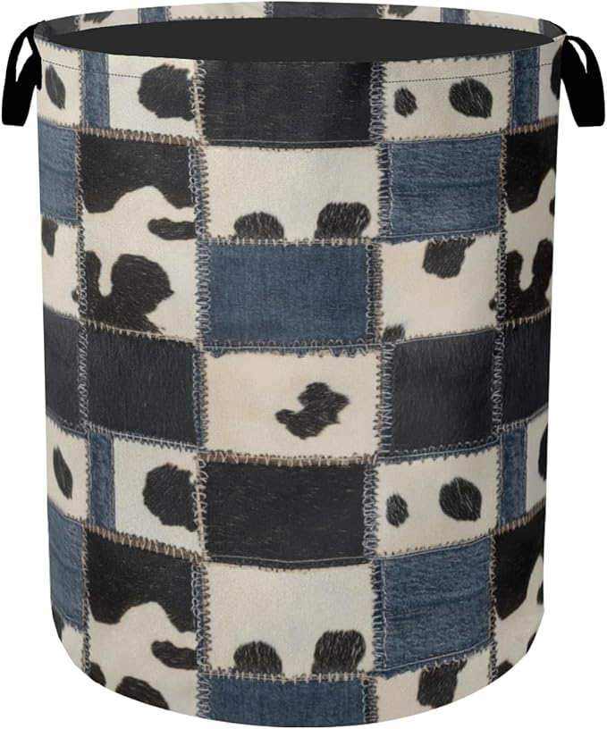 Denim Patchwork Cow Print Large Clothes Hamper Bag - Laundry Basket with Handles, Space Saving Foldable Design for Nursery