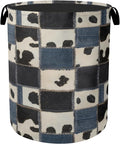 Denim Patchwork Cow Print Large Clothes Hamper Bag - Laundry Basket with Handles, Space Saving Foldable Design for Nursery
