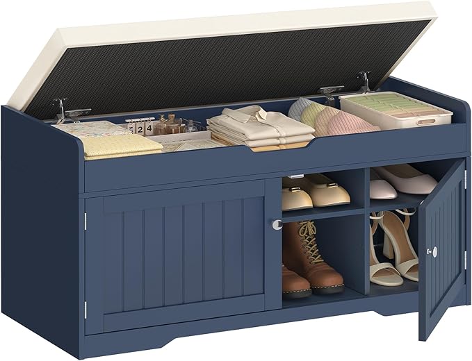 TEENFON 2-Tier Storage Bench, Shoe Bench with Adjustable Shelf & Lift Top Storage, Entryway Bench with Cushioned Seat,13.8"D x 36.2"W x 19.7"H, Shoe Organizer for Entryway, Living Room, Bedroom, Blue