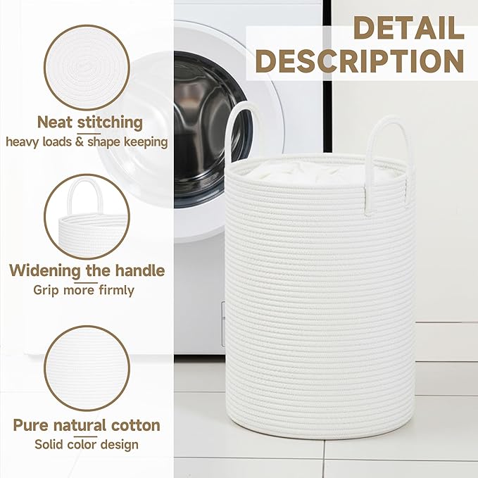 CLHMILY&Z Laundry Hamper Round Storage Rope Basket (White, 60L)
