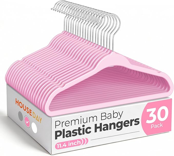 HOUSE DAY 11.4 Inch Baby Hangers 30 Pack - Plastic Kids Hangers Space Saving Thin Profile, Children Closet Organizers with Rotatable Hook of 360°, Heavy Duty for Toddler Clothes Nursery - Pink